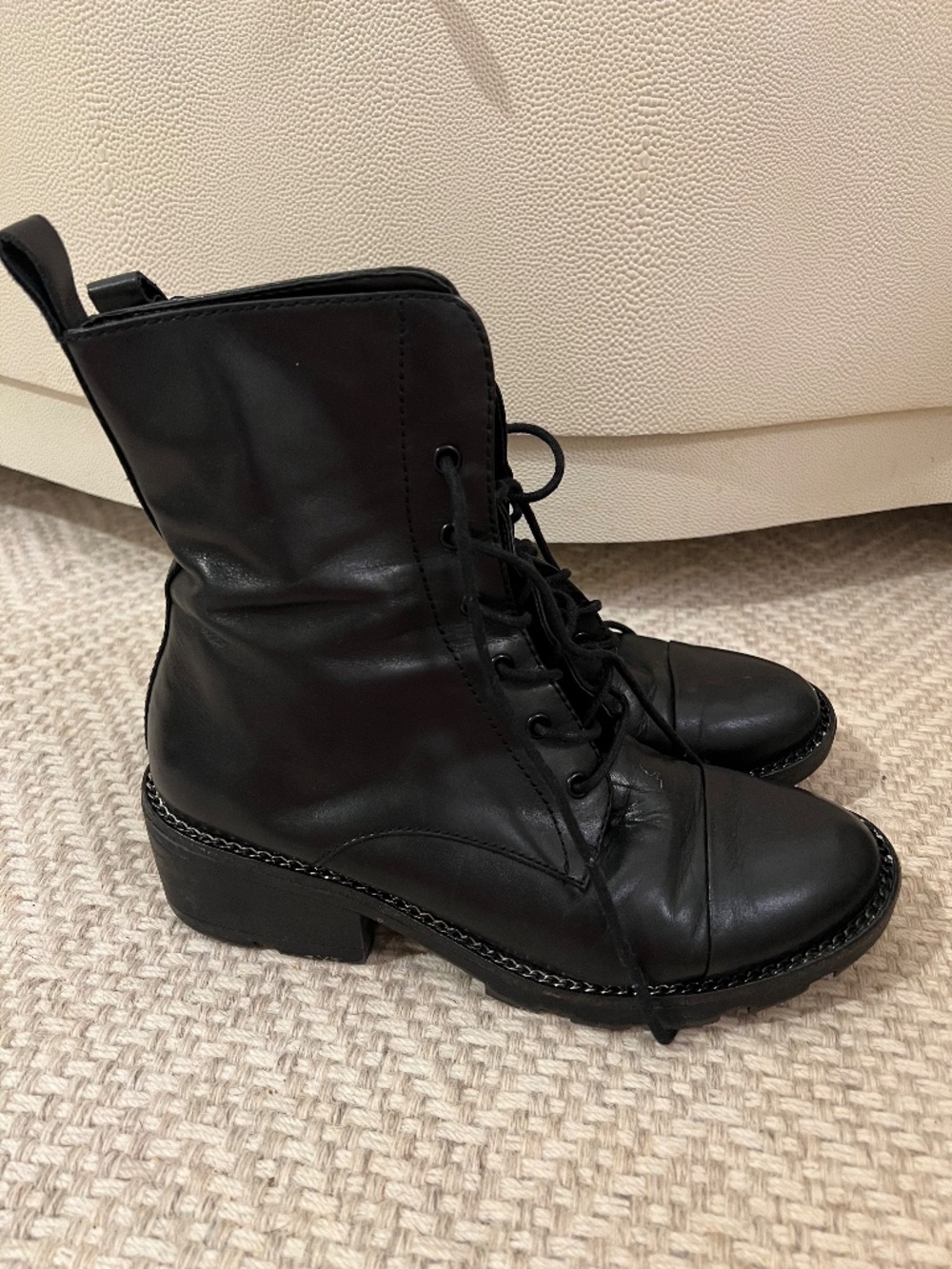 Kendall & Kylie Black Leather Combat Lace Up Boots with Chain Detail- Size 9